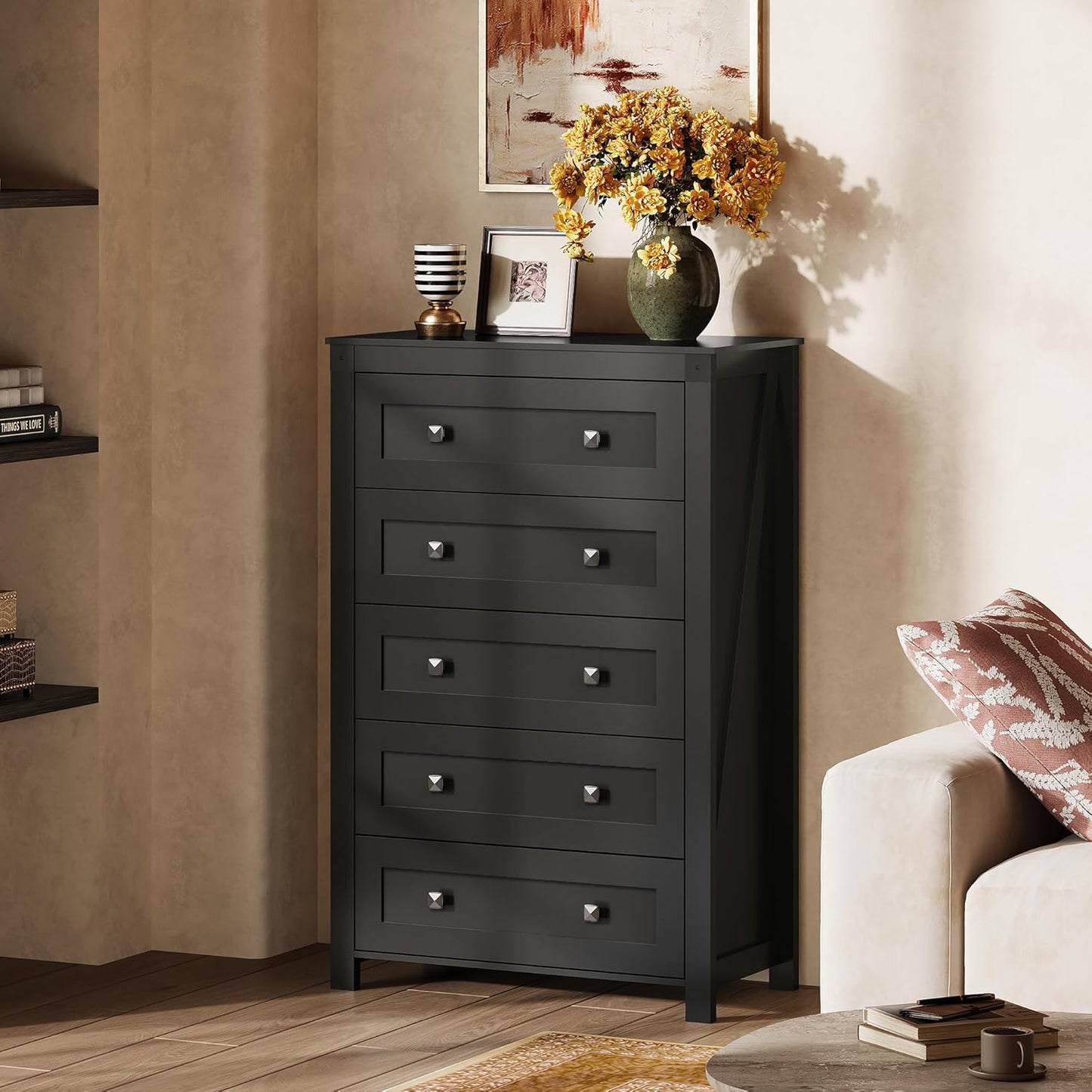 WLIVE Farmhouse 5 Drawer Dresser for Bedroom, Wood Dresser Storage Organizer, Tall Black Dressers with Double Rustic Handle, Chest of Drawers for Living Room, Hallway, Closet