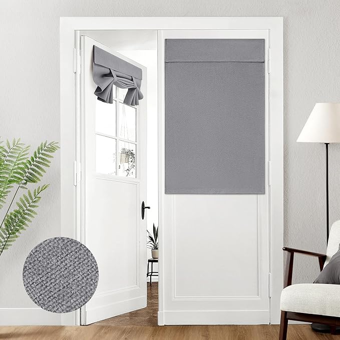 HOMEIDEAS 100% Dark Grey Linen Blackout French Door Curtains, Privacy Door Window Curtains, 30 X 40 Inch Room Darkening Blinds, Thermal Insulated Shades for Bedroom, 1 Panel