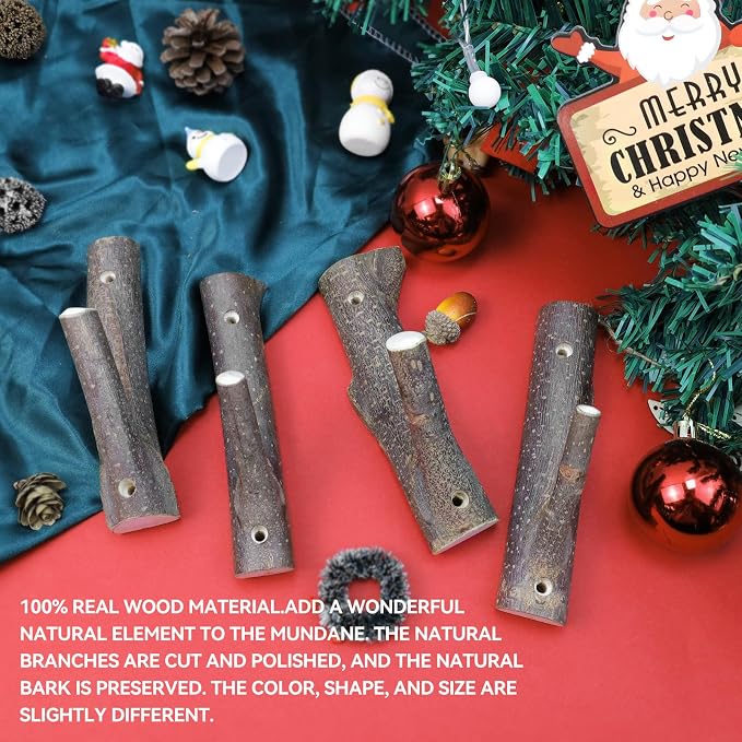 8Pcs Real Wood Tree Branch Wall Hook, Farmhouse Rustic Decorative Wooden with Bark Trunk Thickness 2cm-3cm with Screw