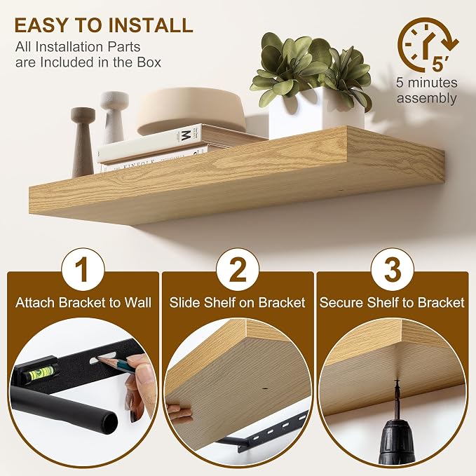 Fun Memories Floating Shelves for Wall, 48Inch Floating Shelves Set of 2, Hanging Shelf with Invisible Brackets, Wood Shelves for Living Room, Bedroom, Kitchen, Oak