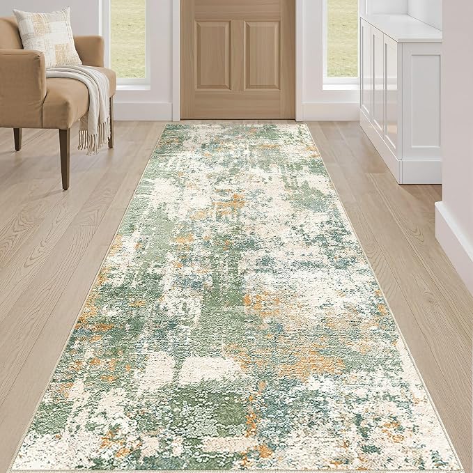 Runner Rug Kitchen Washable Rugs: 2x6 Non-Slip Abstract Soft Modern Stain Resistant Indoor Floor Neutral Accent Throw Carpet for Hallway Bathroom Laundry Room Entryway Bedroom- Green