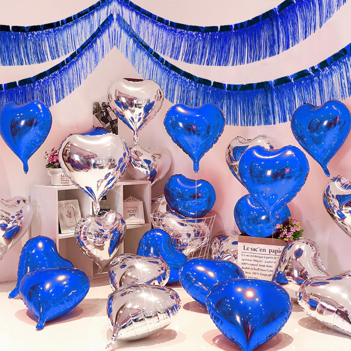 Blue Foil Fringe Garland 10FT 6packs, Metallic Foil Tinsel Fringe Banners for Parade Float Decorations Wedding, Birthday Party Graduation (six Blue)