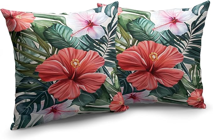 Hibiscus Flowers Pillow Covers Hawaiian Tropical Throw Pillow Covers 16x16 Set of 2 Monstera Palm Leaves Pillowcase Double Sided Printing Cushion Case for Patio Outdoor Sofa