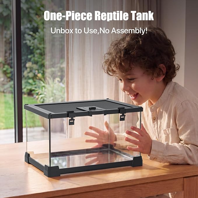 2.5 Gallon Fully Assembled Glass Reptile Enclosure, 12" x 8" x 6" | Small Reptile Terrarium Tank for Tiny Terrestrial Reptiles, Amphibians & Invertebrates