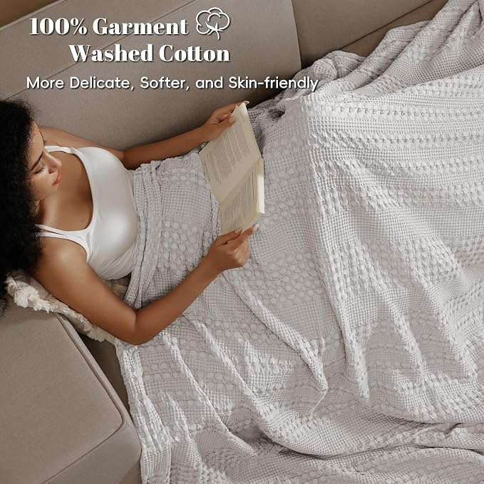 PHF 100% Cotton Waffle Blanket King Size for Bed, Lightweight Breathable and Soft for Summer, Luxury Aesthetic Waffle Weave Blanket for Home Decor & Gifts for Women, 108"x90", Light Grey