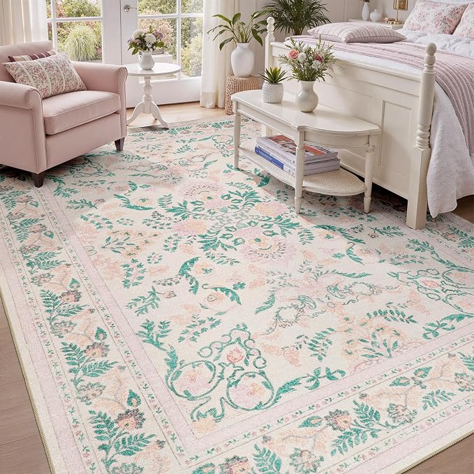 DCX 8x10 Pink Rug, Floral Rug for Girl’s Bedroom, Cute Soft Low Pile Non Slip Stain Resistant Machine Washable Indoor Décor, Kid & Pet Friendly Nursery Carpet for Living Room, Dorm, Playroom