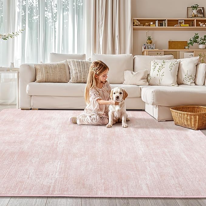 6x9 Washable Area Rug, Pink Solid Area Rugs for Living Room & Bedroom | Stain-resistant & Non-slip backing,Low Pile Washable Large Carpet, Solid Vintage Style For High Traffic Areas(6x9,Pink)