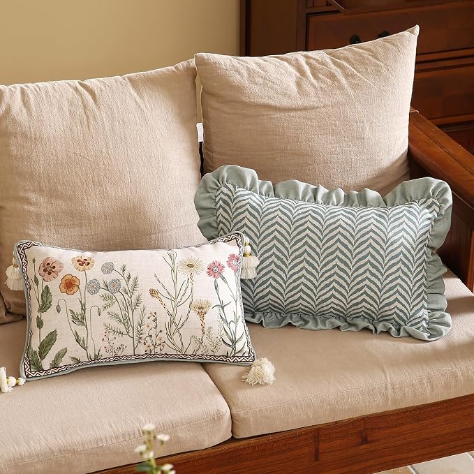 ISAENNE Designer Linen Throw Pillow Cover,Set of 2,20"x12"-Serenity D | French Elegant Rectangle Decor Pillow Cover,Concealed Zipper Design,Light Beige,Sofa,Bedroom,Living Room,Chairs
