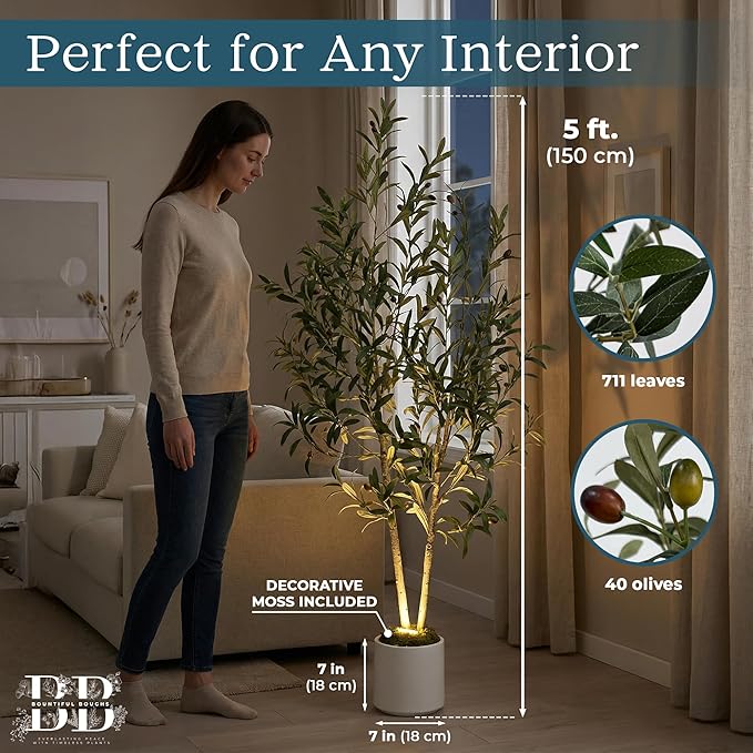 5ft Lifelike Artificial Olive Tree with Light, White Pot, Moss & LED | 711 Vein-Detailed Leaves, 40 Olives · 4ft Wired USB LED with Switch · Moss Included · Shapeable Branches · Zero Maintenance