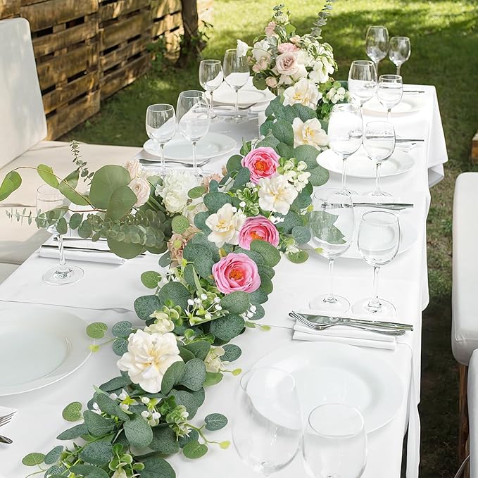 TOCHGREEN 4 Pack Artificial Eucalyptus Flower Garland with White Pink Roses, Fake Rose Flower Greenery Garland Floral Vines for Wedding Home Party Table Runner Decor (White Pink, 4PCS)