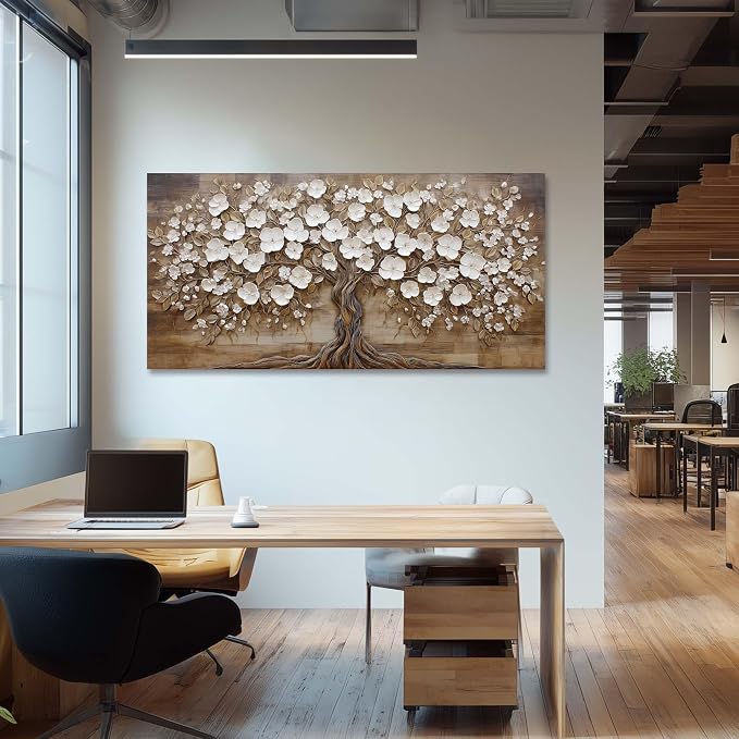 Ggaafet Retro Tree Wall Art for Bedroom Canvas Oil Painting Prints Beautiful White FLower Floral Blooming Art Deco Rustic Artwork Office Farmhouse Dining Room Decor