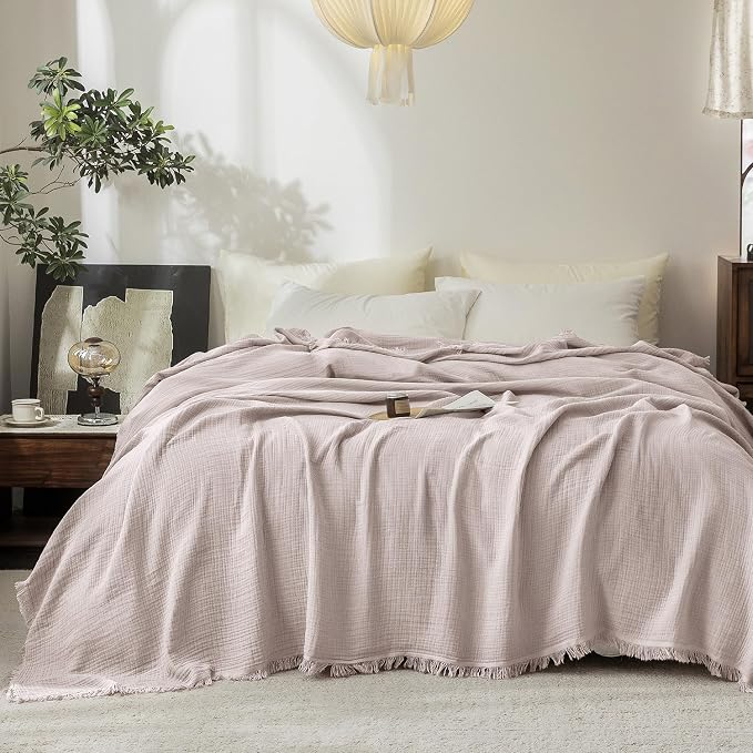 FOSSA Muslin Blanket 4-Layer 100% Cotton Gauze Blanket with Fringe 90"x90" | Super Soft Breathable Lightweight All Season & Decorative Blanket or Bed, Sofa, Office (Greyish Pink,Queen)