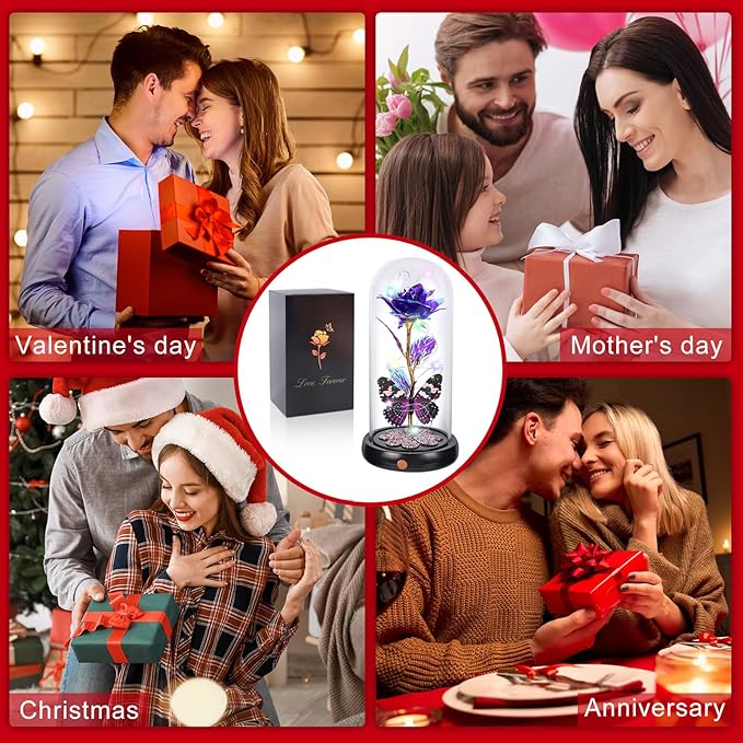 Mothers Day Rose Gifts for Mom Birthday Gift for Women, Rechargeable Galaxy Glass Rose in Glass Dome Crystal Roses Butterfly Mother's Day Flowers Gifts for Women Mom Wife Grandma Daughter, Purple