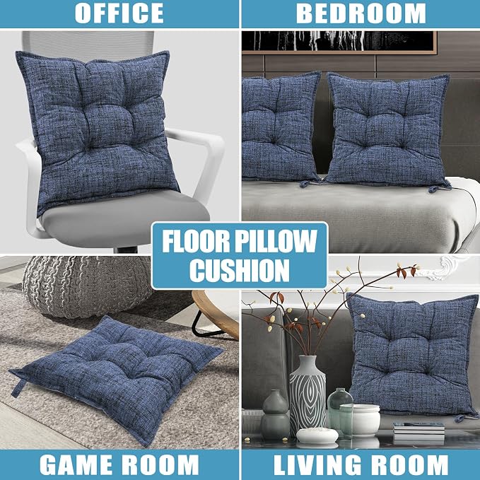 SINSOSSO Large Floor Pillow 22", Thickened Bite-Size Memory Foam Square Non-Slip Cushion for Office Back Support/Indoor Yoga/Chair Seat, Fashionable Color-Blocked Fabric & Washable, Blue, 1 PCS