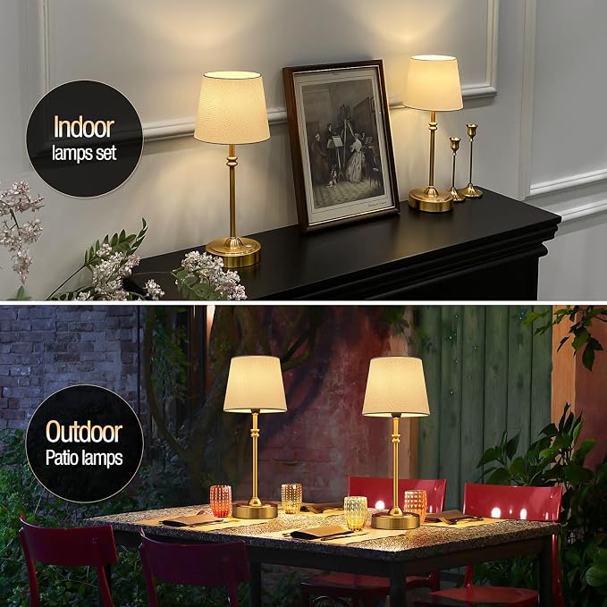ONEWISH Cordless Table Lamps Set of 2 - Battery Powered Lamp, 4000mAh Rechargeable, Stepless Dimmable, Wireless Lamp with Fabric Shade, 2700K Warm Ambient Light for Dining, Patio, Bathroom(Gold)