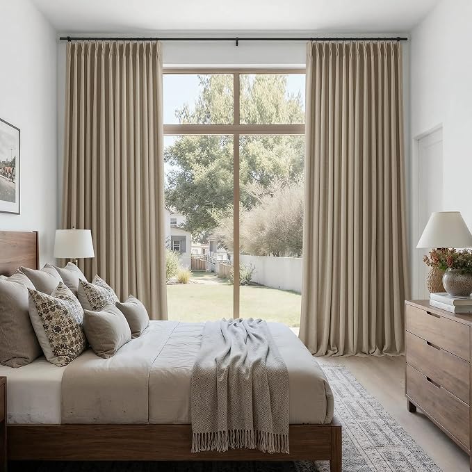 Dark Flax Pinch Pleated Curtains 90 Inches Long for Living Room Bedroom 2 Panels Linen Textured Cottage Farmhouse Light Filtering Semi Sheer Light Brown Pleat Window Drape Hooks Rings 90 Inch Length
