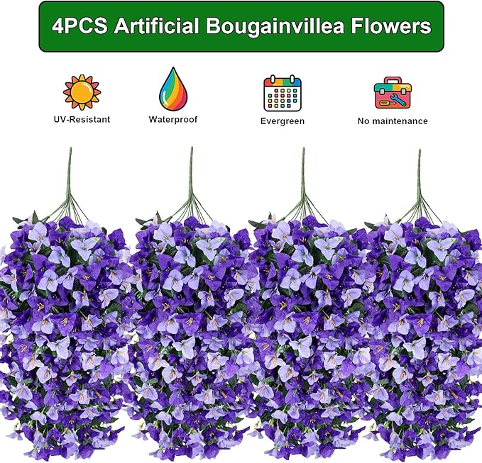 Grunyia 4 Strands Artificial Bougainvillea Hanging Basket Flowers – UV Resistant Fake Flowers with Silk Petals, Realistic Trailing Plants, Outdoor Indoor Wall Garden Home Wedding Decor