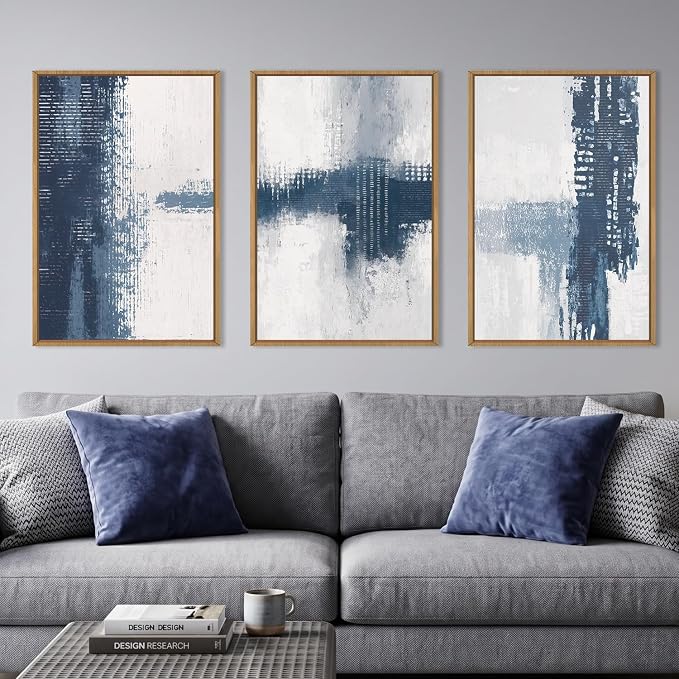 Large Abstract Navy Blue Grey Framed Canvas Wall Art Set,Neutral Minimalist Brush Stroke Wall Decor,Modern Blue Color Block Artwork for Living Room,Bedroom,Dining Room,Office-24 x36 x3