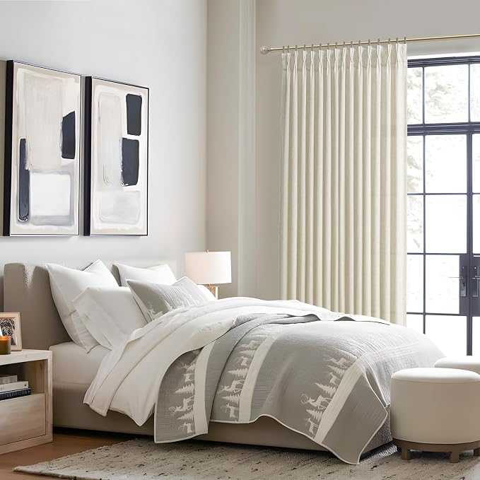 Extra Wide 70 Inch Cream Light Filtering Curtains 108 Inches Long 2 Panels Set for Living Room, Memory Shape Pinch Pleated Linen Semi Sheer Neutral Windows Curtain 9 FT Length Privacy Heavy Drapes