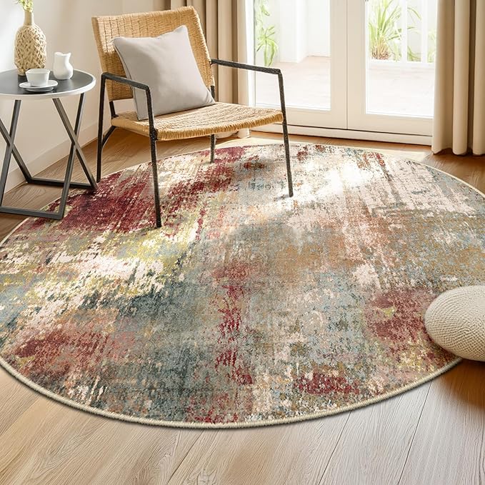 RELEANY Washable Area Rugs 6ft Non-Slip Modern Abstract Soft for Living Room Entryway Bedroom Nursery, Print Pattern, Brown Rust Red Green Blue Multi