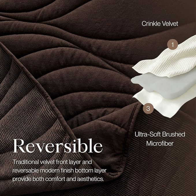 DOWN HOME Crinkle Textured Velvet Quilt Set with Shams, All-Season Luxury Modern Bedding,Easy Care Comforter,Ultra-Soft,Lightweight & Breathable, Cali King, Antique Brown