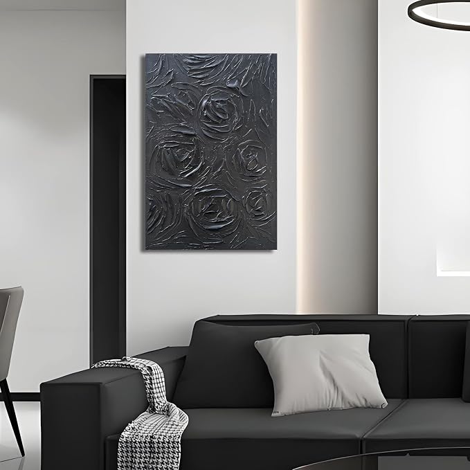 NANKAI Art Hand-Painted Black Rose Texture Abstract Art Oil Painting, Modern Style Abstract Wall Decoration, Three-Dimensional Simple Black Flower Texture Relief, Vertical Painting 36x24 inches