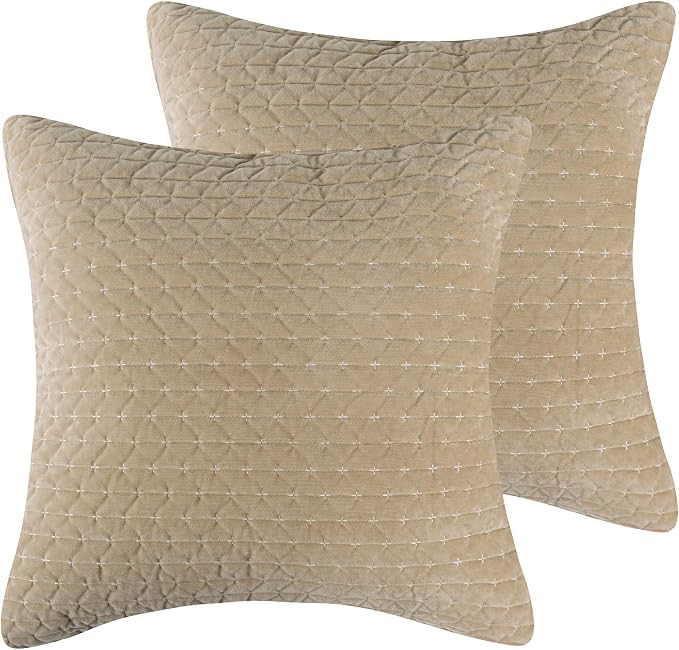 Levtex Home - Velvet Stitch - Euro Sham Set of 2 - Cross Stitch - Taupe and White - (26x26in.), No Insert - Polyester