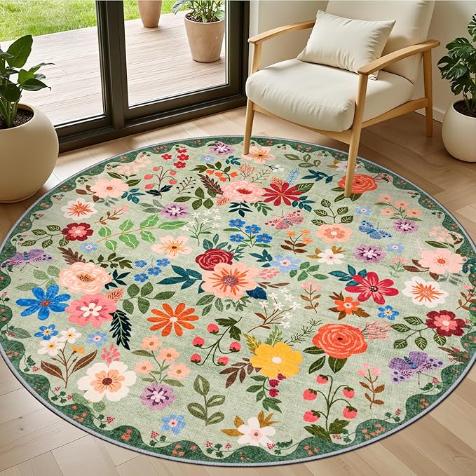 Round Area Rug for Living Room: 4 ft Floral Washable Circle Rug Soft Boho Non-Slip Carpet Indoor Stain Resistant Low Pile Small Circular Rug for Bedroom Entryway Kitchen Nursery Home Office Green