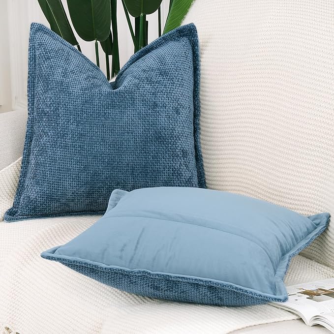 MADIZZ Decorative Chenille Velvet Throw Pillow Covers Set of 2 Soft Boho Textured Neutral Couch Throw Pillow for Bed Modern Farmhouse Home Decor for Sofa Livingroom Dark Blue 16x16 Inch