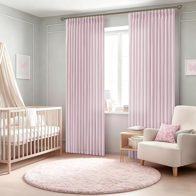 Pink Pinch Pleated Semi Sheer Curtains 63 Inch Length for Baby Girls Bedroom Nursery Linen Blend Light Filtering Pinch Pleat Linen Drapes Back Tab 2 Panels Blush Pink Window Curtains 40x63