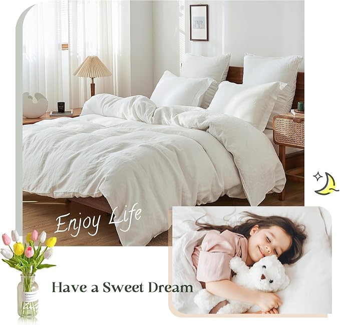 Simple&Opulence 100% Linen Duvet Cover Set, 3 PCS Natural French Flax White Duvet Cover King Size, Breathable Soft Comfy Linen Bedding Comforter Cover with 2 Pillowcases(White, 104"x92")