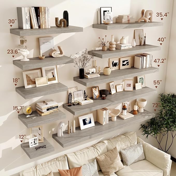 Vivelove 12" Deep Floating Shelves 47.2" Long, Wall Shelves for Living Room Bedroom Bathroom Kitchen Laundry Room, Farmhouse Rustic Shelves for Home Decor, 47.2" X 12" X 2" Set of 2, Grey