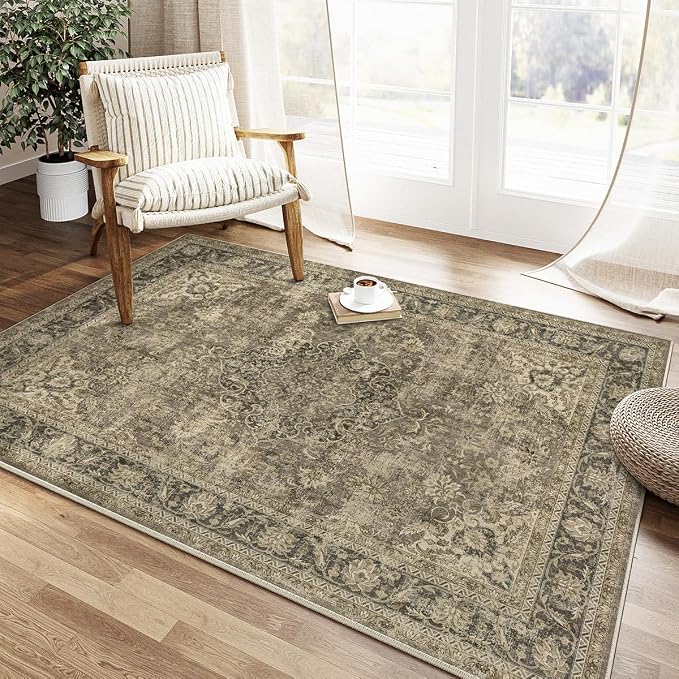 4x5 Washable Area Rug Brown Vintage Non Slip Soft Low Pile Rug for Entryway Kitchen Bathroom Distressed Oriental Throw Carpet for Living Room Bedroom Home Decor
