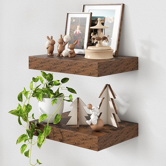 FLYJOE 12 Inch Deep Floating Shelves, 16'' Brown Floating Shelves Set of 2 | 12'' Deep Shelves for Wall, 16'' x 12'' Rustic Brown Wood Shelves for Living Room Bathroom Kitchen Bedroom