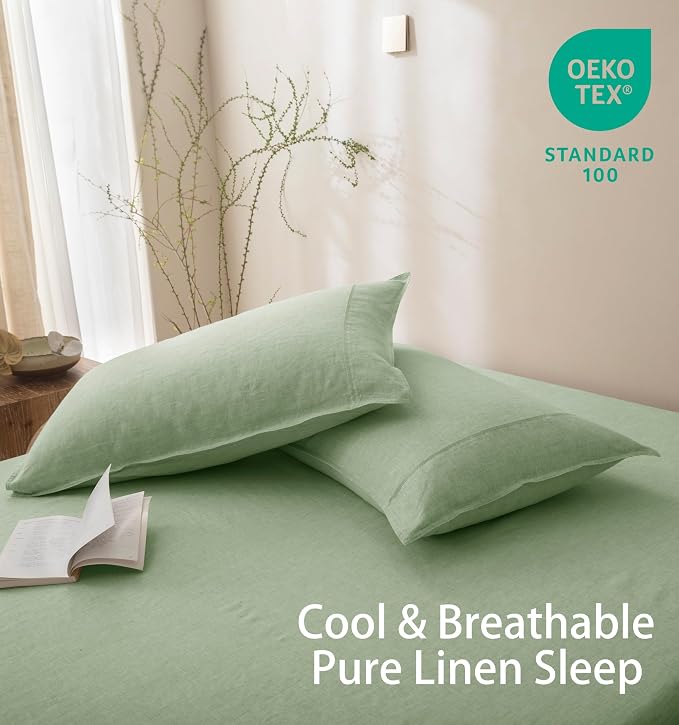 Talasily 100% French Linen Pillow Case Standard Size Set of 2,Oeko-TEX Certified Stone Washed Flax Pillow Shams with Envelope Closure - Breathable & Cooling for Hot Sleepers（Sage Green,20''x26''）
