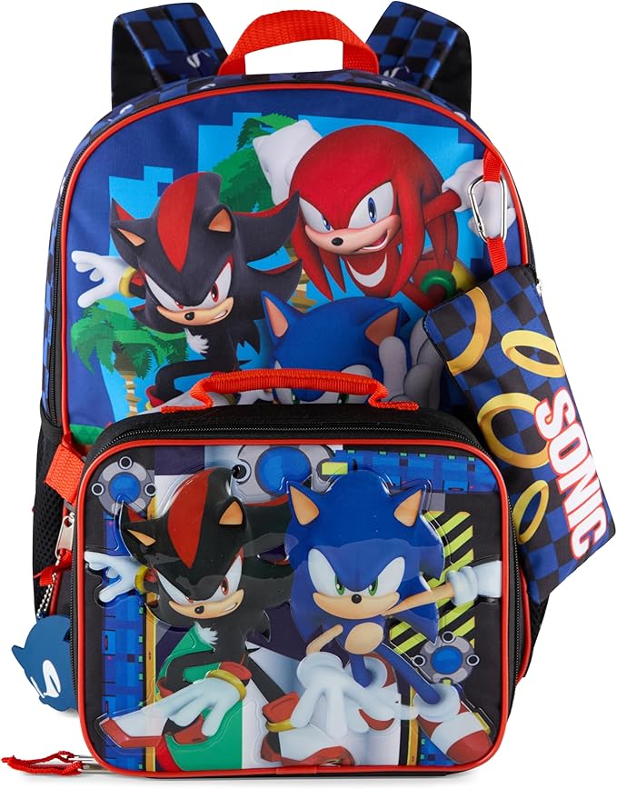 AI ACCESSORY INNOVATIONS Sonic the Hedgehog 5 PC Backpack Set for Girls & Boys, 16” Book Bag Featuring Sonic, Shadow, & Knuckles