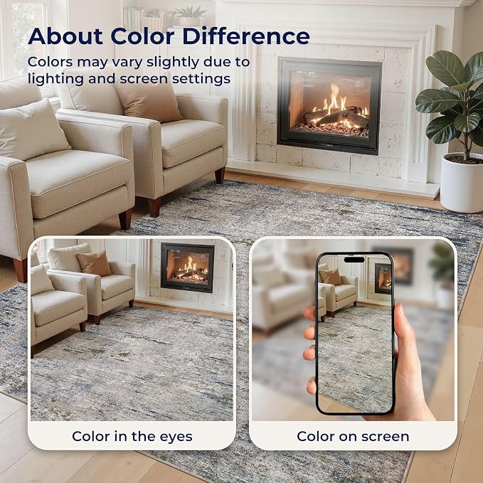 DMOYEST Area Rug Living Room Rugs - 5x7 Washable Large Soft Indoor Neutral Modern Abstract Low Pile Rug Carpet for Bedroom Dining Room Farmhouse Home Office - Blue/Grey/Brown