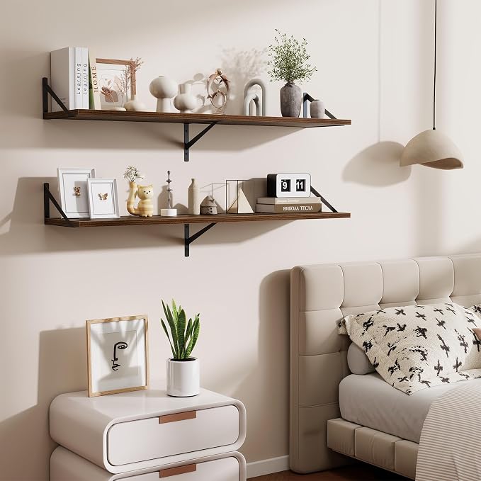 Acovy 48inch Floating Shelves for Wall,10" Deep Floating Shelves with Metal Brackets,Wall Mounted Hanging Floating Shelf,Wide Display Shelves for Living Room,Bedroom,Office,Kitchen,Walnut