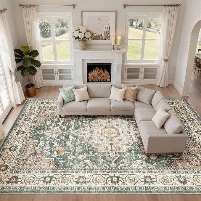 12x15 Area Rug Living Room: Machine Washable Boho Large Vintage Soft Rugs Stain Resistant Farmhouse Oriental Non Slip Indoor Floor Carpet for Bedroom Nursery Kids Playroom Office Dining Room- Green