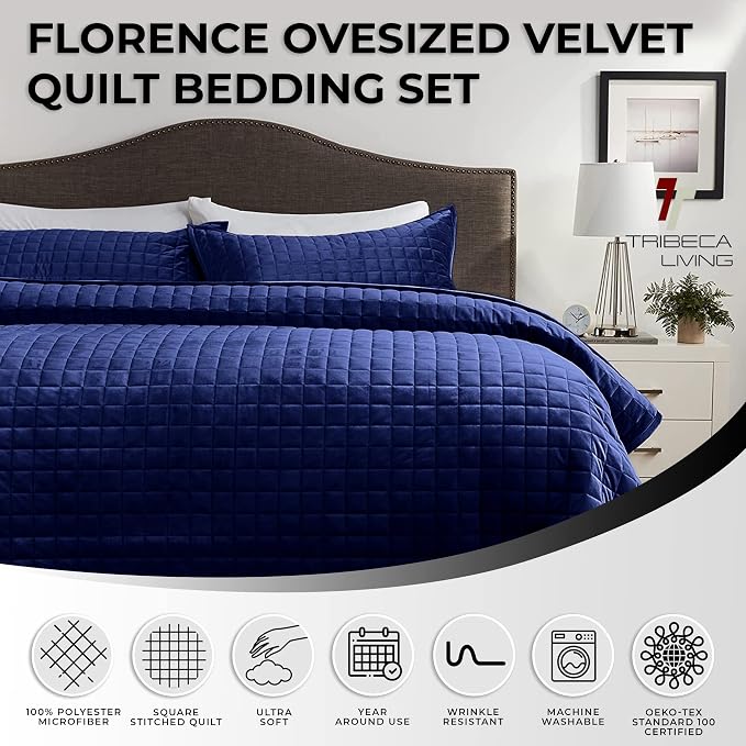 Tribeca Living Luxury Velvet Quilt King Size Set - 260GSM Ultra-Soft Oversized Velvet Bedspread Comforter Set with 2 Shams, in Florence Navy Blue