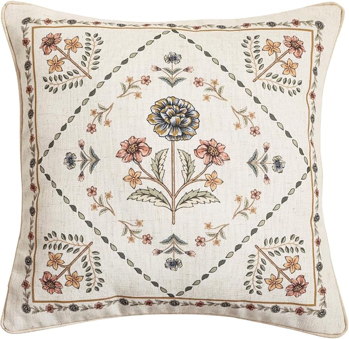 ISAENNE Designer Vintage Linen Throw Pillow Cover,18"x18"-Cornucopia B | Elegant French Square Pillow Cover,Concealed Zipper Design,Floral Pattern,Sofas,Bedroom,Living Room,Lounge Chairs