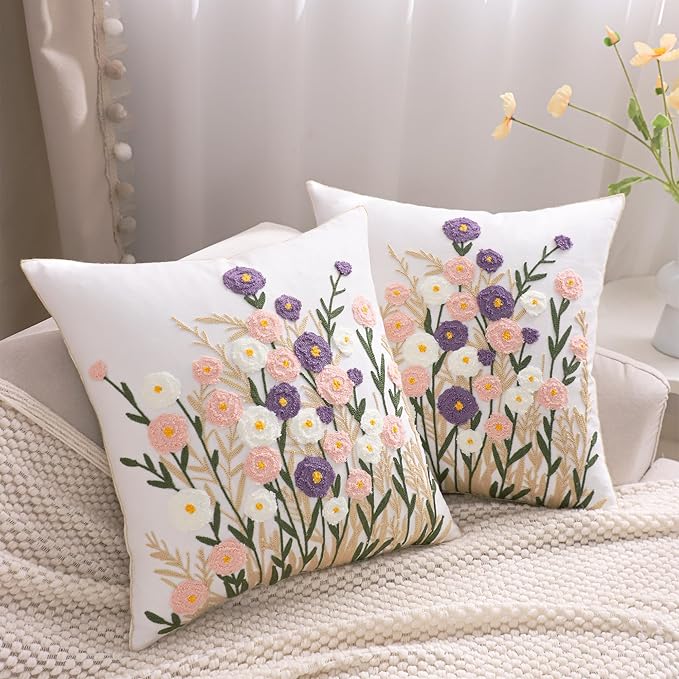 Spring Floral Pillow Covers 18x18 Inch Set of 2 Cotton Embroidery Farmhouse Throw Pillow Cover Outdoor Garden Cushion Case Summer Decorations for Home (Purple and Pink Flower,18"x18")