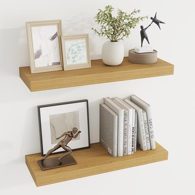 Dreamland 24Inch Floating Shelves 6.7" Deep Wall Mounted Set of 2 Oak | Wall shelves for bathroom, bedroom, kitchen, deep wall mount wood storage display for home decor 24" x 6.7"