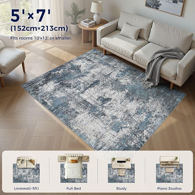 DMOYEST Area Rug Living Room Rugs - 5x7 Large Soft Indoor Neutral Modern Abstract Low Pile Washable Rug Carpet for Bedroom Dining Room Farmhouse Home Office - Grey Blue