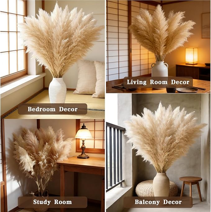 12 Stems 46" Tall Pampas Grass Decor for Floor Vase Large Dried Pampas Grass, Extra Fluffy Natural Dried Flowers for Home Living Room, Boho Wedding Decor, Modern Farmhouse Floral Arrangements