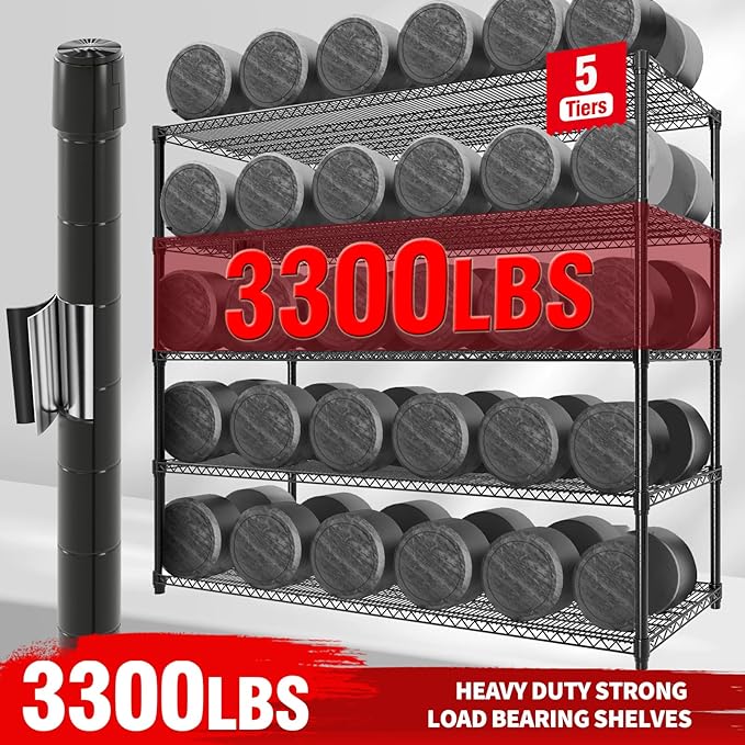 Garvee 5-Tier Metal Shelving with Wheels, Heavy Duty Rolling Storage Shelves 3300LBS Loads, Adjustable Wire Rack Shelving Unit for Garage Kitchen Pantry Commerial, 82" H x 59" W x 23.6" D, Black ﻿ ﻿