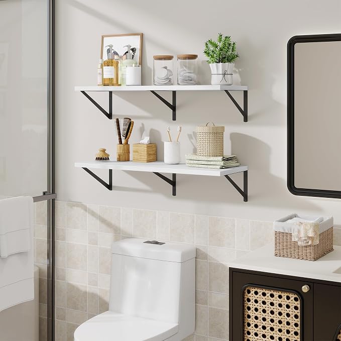 Acovy Floating Shelf for Wall,32" WX10 D Wood Floating Shelves with Sturdy Metal Bracket Set of 2,Wall Mounted Hanging Shelf for Bathroom,Bedroom,Kitchen,White