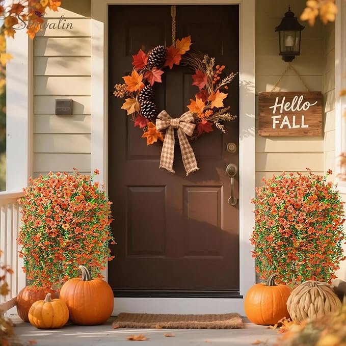 Serwalin 4PCS Artificial Fall Flowers for Outdoors Decoration, Realistic Silk Artificial Fall Hanging Flowers for Patio, Garden, Porch, Window, Outside (Orange,4PCS)