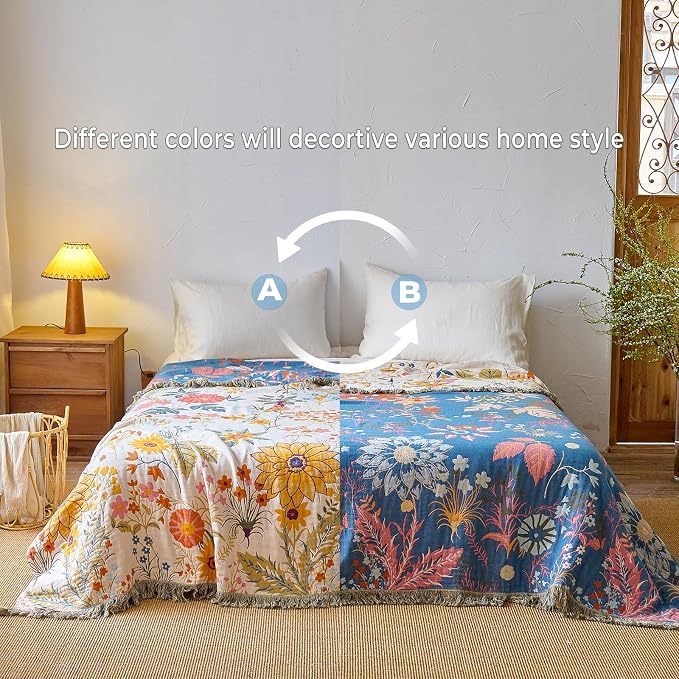 Throw Blanket for Bed,100% Cotton Boho Soft Rustic Muslin Quilt,Summer Reversible Woven Breathable Bedspread,All Season Blankets for Bedding Couch Home Decor,Colorful Floral 90"×98"