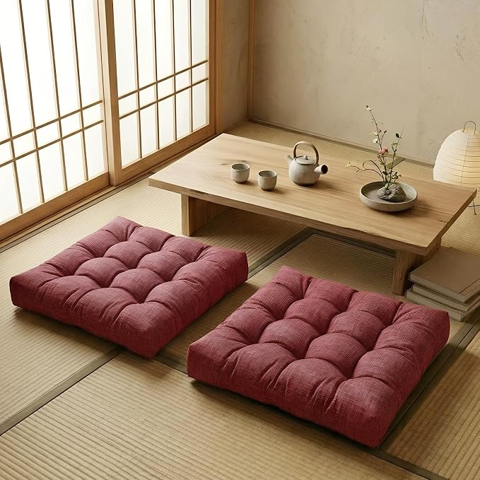 Large Square Floor Cushion Set of 2, 22 x 22 Inch with Non-Slip Bottom, Memory Foam Floor Pillow for Sitting, Meditation & Yoga, Soft Supportive Floor Seating Cushion for Adults & Kids (2, Red)